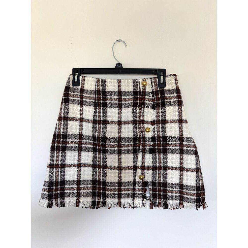 Kate Kasin NWT Cream Brown Tweed Fringe Plaid Y2K Mini Skirt Gold Button Size M